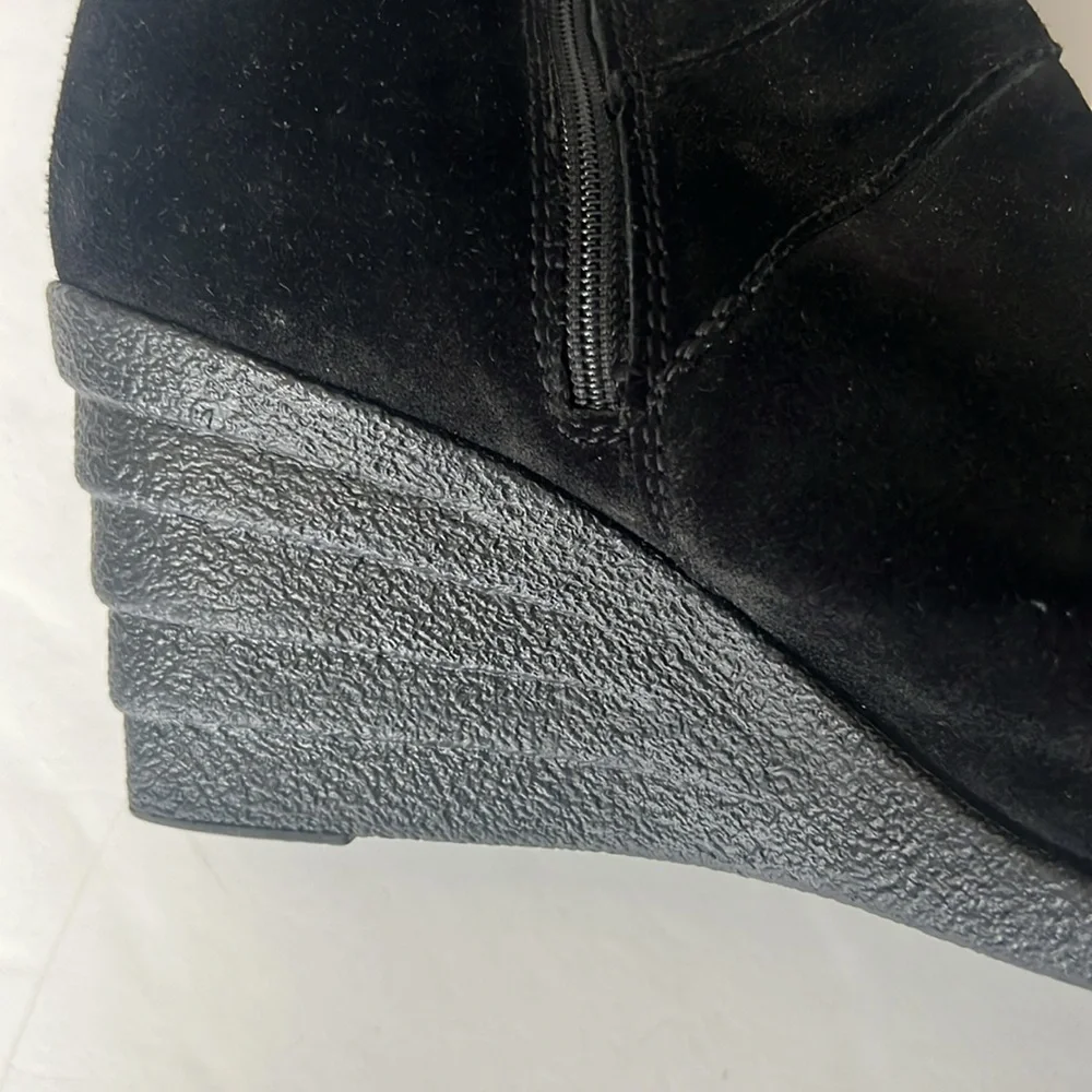 Anne Klein Black Suede Zippered Side Wedged Heel Boots